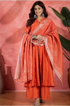 Digital print Eid Palazzo Suit in Orange Chanderi silk PZ4250