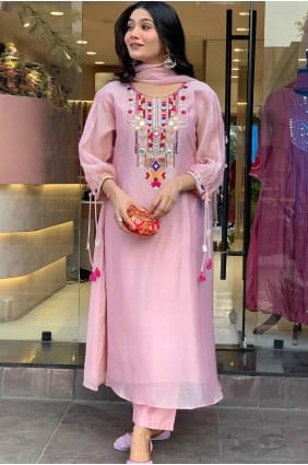 Chanderi silk Embroidered Pink Straight Suit with Dupatta SK155320