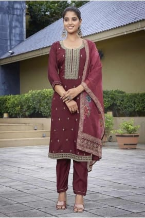Chanderi Straight Suit in Maroon with Embroidered SK155423