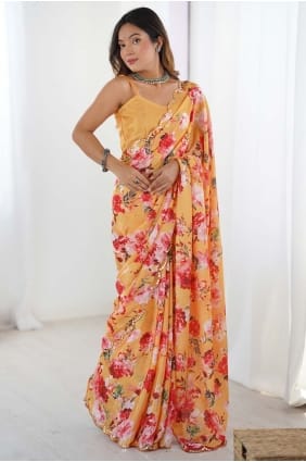 Chiffon Digital print Orange Saree with Blouse SR28496