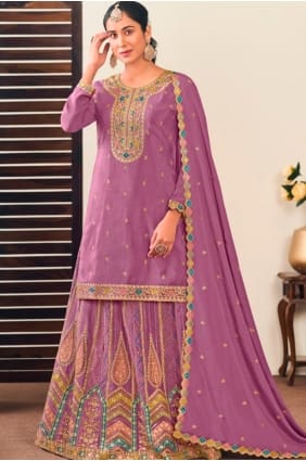 Chiffon Sharara Suit in Lavender with Embroidered SS1279