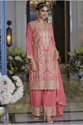 Embroidered Chiffon Pink Palazzo Suit with Dupatta PZ4219