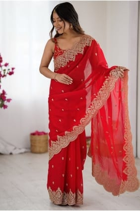 Red Saree with Embroidered Chiffon SR29437