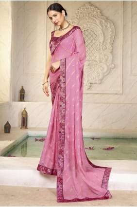 Chiffon Printed Pink Saree with Blouse SR28420