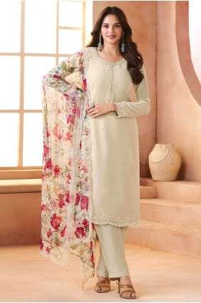 Printed Chiffon Salwar Kameez in White SK15859