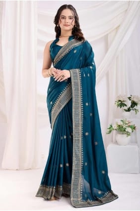 Chiffon Saree in Teal blue with Embroidered SR28195