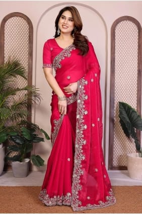 Rani Red Embroidered Chiffon Saree SR29851