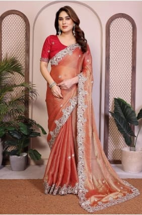 Rust Embroidered Chiffon Saree with Blouse SR29844
