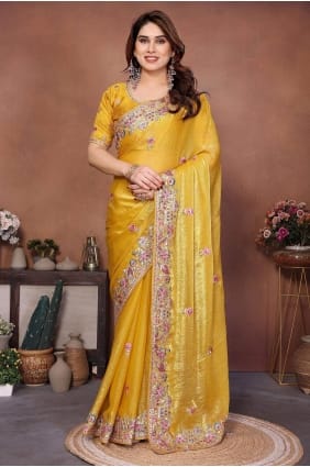 Lace Saree in Yellow Chiffon SR29736