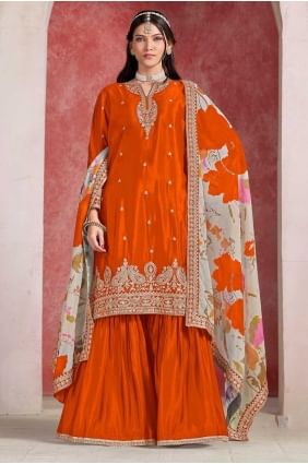 Sharara Suit in Orange Chiffon with Embroidered SS1262