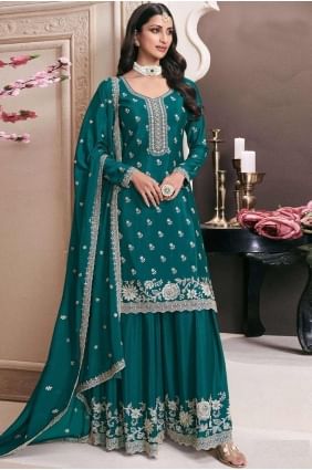 Chiffon Sharara Suit with Embroidered in Rama SS1250