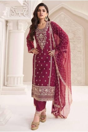 Chiffon Straight Pant Suit in Maroon with Embroidered SK155313