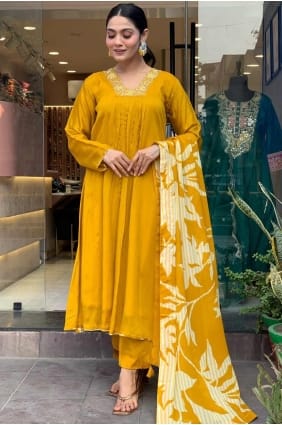 Chiffon Straight Pant Suit with Embroidered in Mustard SK155264