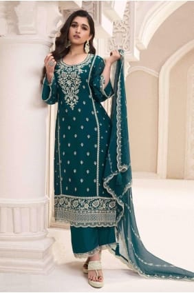Chiffon Straight Pant Suit with Embroidered in Rama SK155312