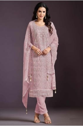 Chiffon Eid Salwar Kameez with Embroidered in Pink SK155160