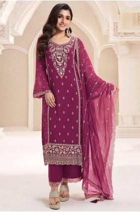Chiffon Straight Pant Suit in Wine with Embroidered SK155311