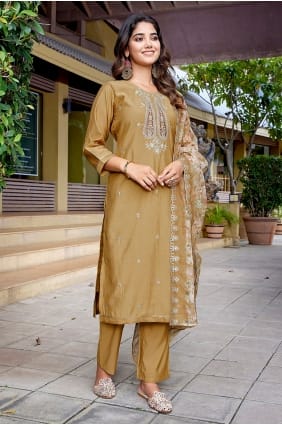 Embroidered Viscose Salwar Kameez in Chiku with Dupatta SK15778