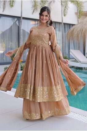 Silk Palazzo Suit in Chiku with Sequins PZ4413