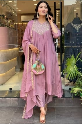 Chinon Eid Anarkali Suit in Onion with Embroidered AS4173