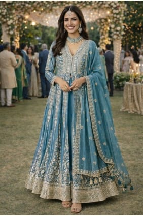 Embroidered Chinon chiffon Anarkali Suit in Blue with Dupatta AS4326