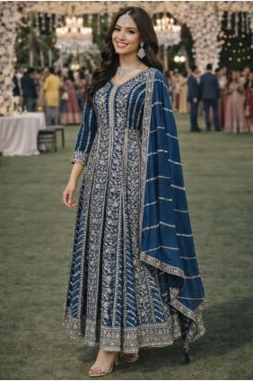 Embroidered Chinon chiffon Anarkali Suit in Blue with Dupatta AS4330