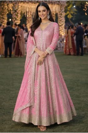 Chinon chiffon Pink Anarkali Suit in Embroidered AS4327
