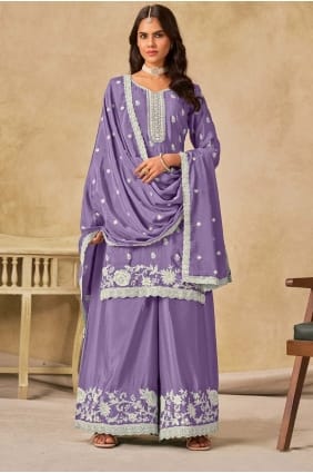 Embroidered Chinon chiffon Palazzo Suit in Lavender PZ4216