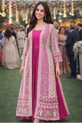Pink Gown Dress in Chinon chiffon with Embroidered GW1260