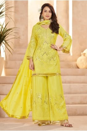 Lemon yellow Embroidered Chinon chiffon Palazzo Suit PZ4438