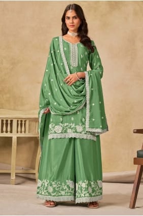 Chinon chiffon Embroidered Green Palazzo Suit with Dupatta PZ4215
