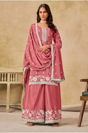 Embroidered Chinon chiffon Palazzo Suit in Pink PZ4218
