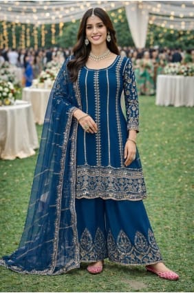 Chiffon Embroidered Teal blue Palazzo Suit with Dupatta PZ4401