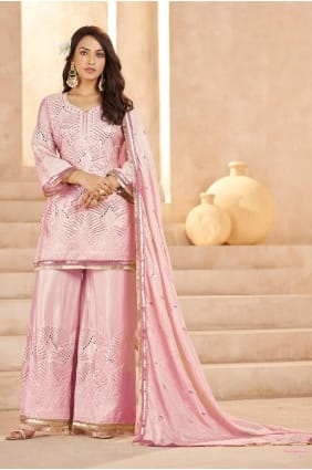 Palazzo Suit in Rose pink Chinon chiffon with Embroidered PZ4439