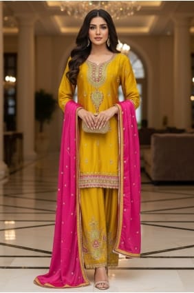 Yellow Embroidered Salwar Kameez in Chinon chiffon SK15867