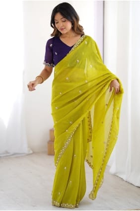 Lemon Chinon Chiffon Saree with Stone & Moti Work SR29826