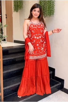 Chinon chiffon Orange Sharara Suit in Embroidered SS1392