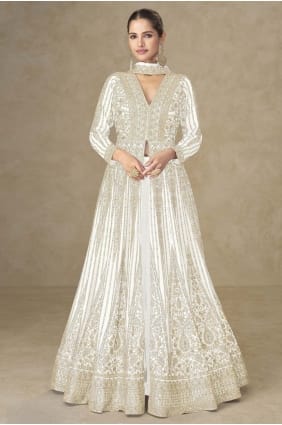 White Embroidered Chinon chiffon Anarkali Suit AS4250