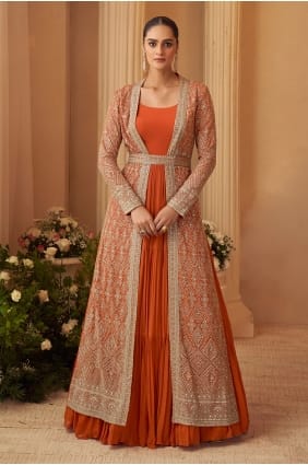 Embroidered Chinon Gown Dress in Orange with Dupatta GW1278