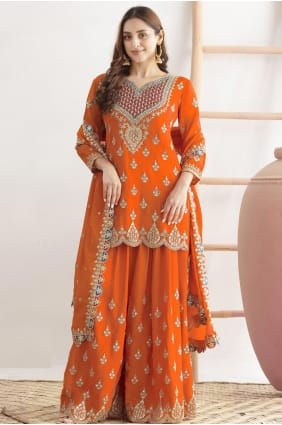 Chinon Eid Palazzo Suit with Zari in Orange PZ4288