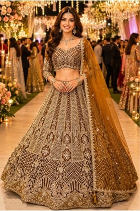 Copper gold Party Lehenga Choli in Embroidered Net LC9076