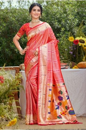 Coral pink Saree in Weaving Silk SR29421