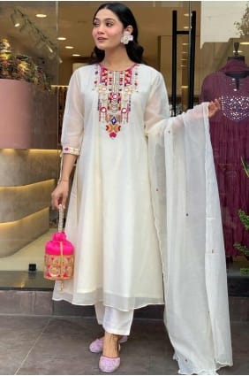 White Straight Suit in Chanderi silk with Embroidered SK155322