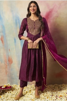 Cotton Purple Anarkali Suit in Embroidered AS4332
