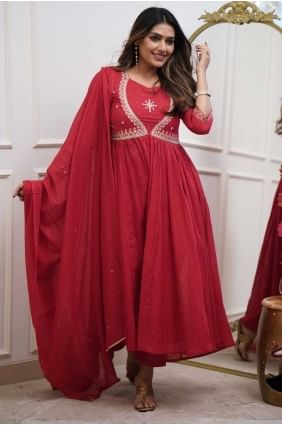 Red Anarkali Suit in Cotton with Embroidered AS4121