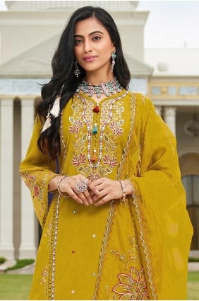 Yellow Anarkali Suit in Embroidered Cotton SK15701