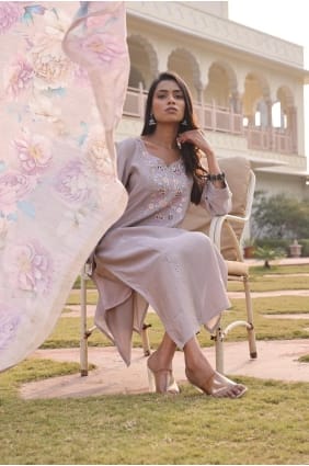 Beige Cotton Hand Anarkali Suit with Dupatta SK155974