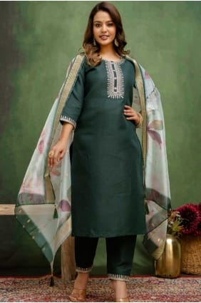 Cotton blend Embroidered Green Salwar Kameez with Dupatta SK155679