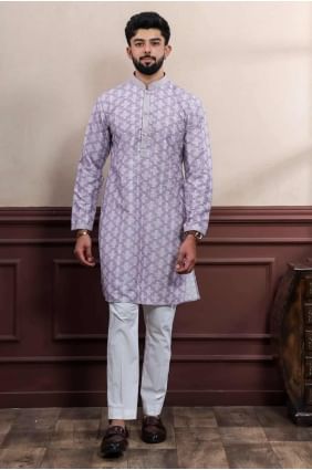 Cotton blend Men Kurta in Lavender with Printed KURR496