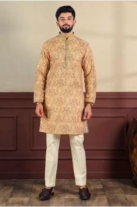 Cotton blend Men Kurta with Printed in Peach KURR493