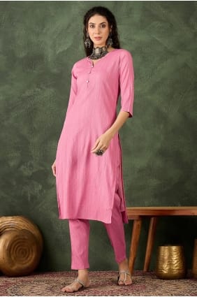 Embroidered Cotton blend Salwar Kameez in Pink with Dupatta SK15833